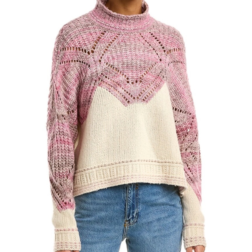 BA&SH Cotton and Wool Blend Turtleneck Sweater in Pink/Cream